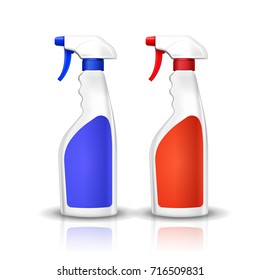 Colored Cleaner mockup, 3d red and blue cleaner spray bottle with blank label design isolated on white background. Household chemicals package. Realistic Vector illustration.