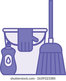Colored Cleaning Icon. Vector Illustration. Bucket, Broom, Rubber Glove, and Detergent. Cleanliness in the House. Hygiene Concept