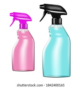 Colored clear plastic mist spray bottles filled with liquid isolated on white background, realistic vector illustration. Spraying container, trigger pump sprayer. Color set. Easy to recolor.