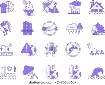 Conjunto de iconos de cambio climático de color. Vector Icon Calentamiento global, Tsunami, Incendio, Terremoto, Sequía, Inundación, Sin agua, Radiación solar, Deforestación y más