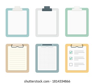 Colored clipboards with paper sheets set. School and office supplies collection. Flat vector illustration isolated on white background 