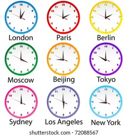 Colored Clocks With Hours Around The World