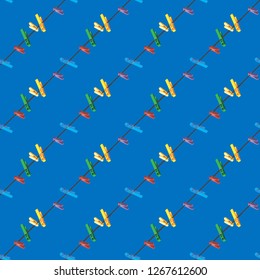 Colored clothes pins on a clothes line rope on blue background. Seamless pattern