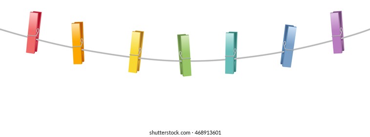 Colored clothes pins on a clothes line rope.