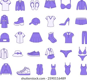 Colored Clothes Set. Vector Illustrations T-shirt, Pants, Sneakers, Suit, Jacket, Socks, Pajamas, Shorts, Dress, Skirt, Cap, Coat, Boots, Bra, Panties, and Others