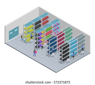 Colored clothes sewing isometric composition with people who work at a factory vector illustration