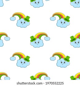 Colored cloud and rainbow seamless pattern. Cartoon style. Hand drawn. Vector illustration isolated on white background. For wallpaper, poster, banner.