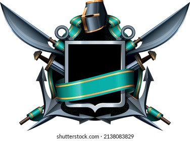 abrigo de armas colorido con casco, escudo, brazos y cinta