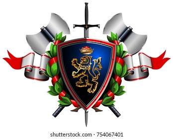 colored coat of arms with shield, wreath, ribbon and weapons