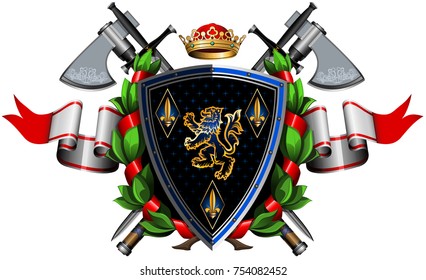 colored coat of arms with shield, wreath, ribbon and weapons