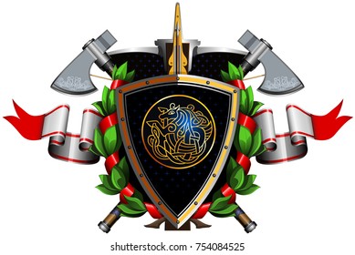 colored coat of arms with shield, wreath, ribbon and weapons