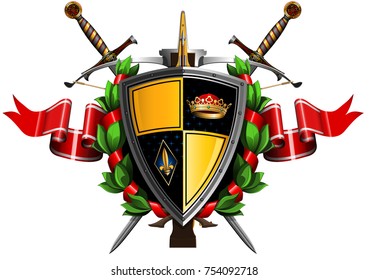 colored coat of arms with shield, wreath, ribbon and weapons