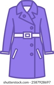 Colored Coat Icon. Vector Drawing. Outerwear Dress For Cool Weather. Stylish Coat With Belt. Fashion And Clothing Concept