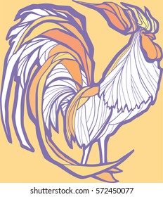 colored cock. Pastel delicate light colors. Rooster with thick outline. Illustration. 