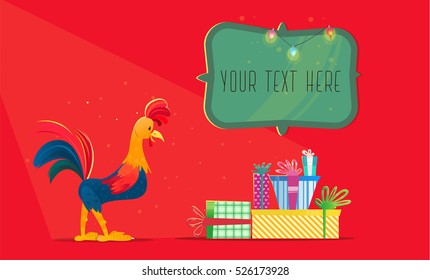 Colored cock with presents. New Year greeting card.Christmas vector illustration. The symbol of the new year 2017.