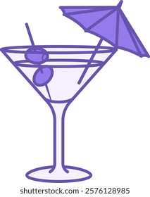 Colored Cocktail Icon. Vector Icon. Cocktail Glass, Olives, and Umbrella. Festive Drink. Brazilian Carnival Concept