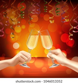 Colored cocktails realistic composition with two people celebrate something with two glasses of champagne vector illustration