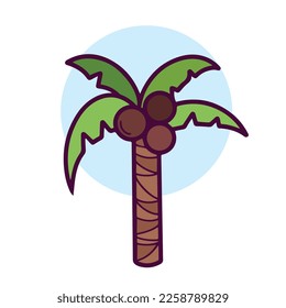 Colored coconut tree icon vector illustration isolated on square white background with Simple, bold, and flat outline and drawing art style. 