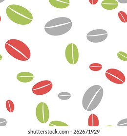Colored coffee bean abstract seamless background. Green, gray and red grains of different size