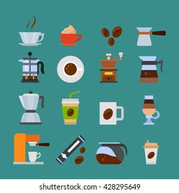 Colored coffee icons set. Flat design style. Isolated on blue background. Vector illustration.