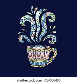 Colored coffee mug or tea Cup with abstract style pattern zentangle, pattern. Hand drawn illustrations on a dark background. Vector illustration