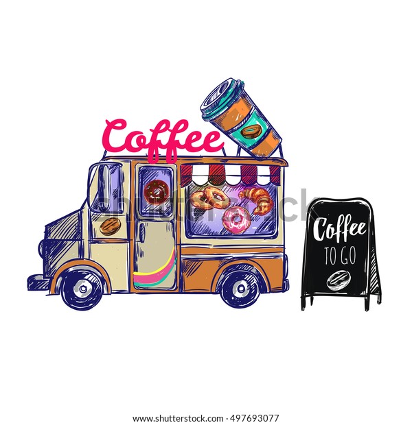 Colored coffee shop\
outdoor composition with coffee truck and coffee to go on black\
board vector\
illustration