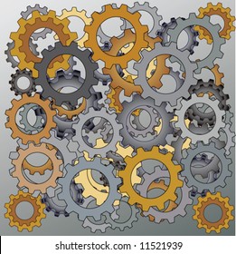 Colored cog-wheels on a grey background.