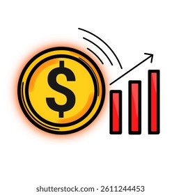 Colored coin icon with rising diagram, Graphic coin Icon.