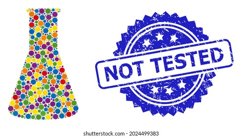 Colored collage chemical retort, and Not Tested corroded rosette stamp seal. Blue stamp seal has Not Tested title inside rosette.