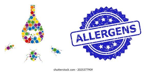 Veneno colorido de cucarachas y sello de rosette grunge de Allergens. El sello azul contiene la leyenda Allergens dentro de la rosette.