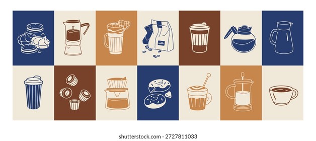 Collage coloreado con artículos de café. Anuncio para la decoración interior de cafetería, coffeeshop. Conjunto de tazas aisladas de café, cafés, postres y tazas de café. Ilustración vectorial plana