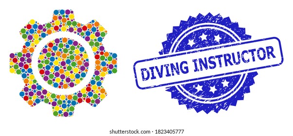 Colored collage cog wheel, and Diving Instructor dirty rosette stamp. Blue stamp seal has Diving Instructor title inside rosette. Vector circle parts are arranged into abstract collage cog wheel icon.