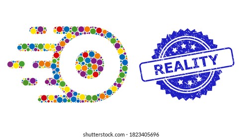 Colored collage core flight, and Reality scratched rosette seal. Blue seal contains Reality title inside rosette. Vector circle spots are grouped into abstract collage core flight icon.