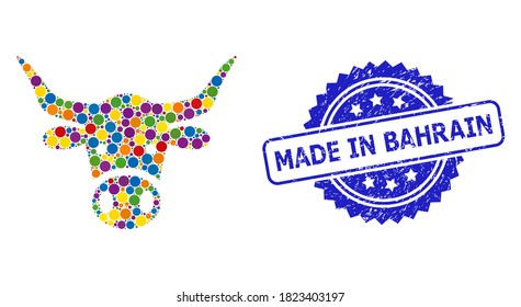 Colored collage cow head, and Made in Bahrain scratched rosette seal. Blue stamp seal includes Made in Bahrain title inside rosette.