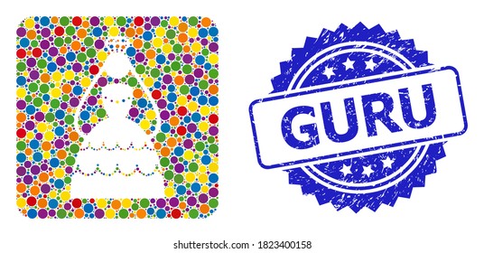 Colored collage crowned bride, and Guru corroded rosette seal. Blue stamp seal includes Guru tag inside rosette. Vector round items are organized into abstract collage crowned bride icon.