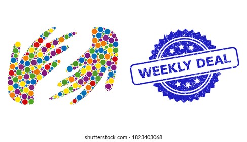 Farbige Collage Hände, und Weekly Deal korrodierte Rosette-Siegel. Blaue Robbe enthält Wöchentliche Deal-Markierung im Rosette. Vektorsphärische Flecken werden in abstrakte Collage Hände Icon zusammengesetzt.