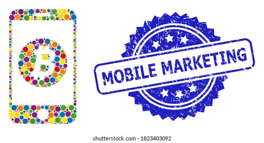 Banca de bitcoin móvil de color y marca de sello de rosette corroída por Mobile Marketing. El sello azul tiene el título Mobile Marketing dentro de la rosette.