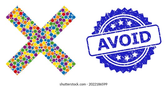 Colored collage reject cross, and Avoid corroded rosette seal. Blue seal contains Avoid title inside rosette. Vector circle dots are arranged into abstract collage reject cross icon.