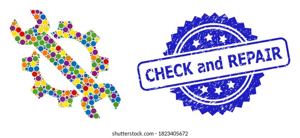 Colored collage repair, and Check and Repair dirty rosette stamp seal. Blue stamp seal contains Check and Repair title inside rosette.