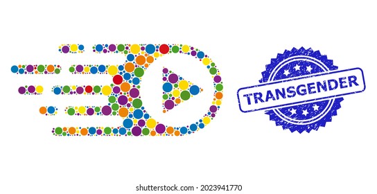Colored collage rush right, and Transgender rubber rosette stamp. Blue stamp seal contains Transgender tag inside rosette. Vector spheric elements are united into abstract collage rush right icon.