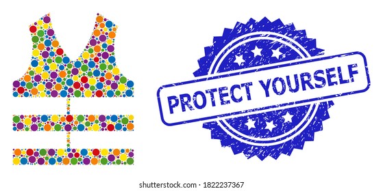 Colored collage safety vest, and Protect Yourself dirty rosette stamp. Blue stamp includes Protect Yourself title inside rosette.