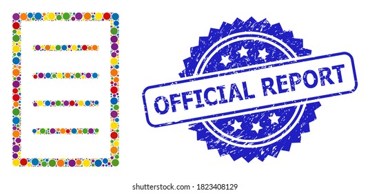 Página de texto de collage de colores y sello de rosette sucio del informe oficial. El sello azul contiene la leyenda del Informe Oficial dentro de la rosette.