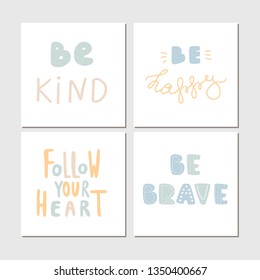 Colored Collection of cute children lettering cards with phrases and words. Perfect for nursery posters. Vector illustration