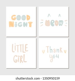 Colored Collection of cute children lettering cards with phrases and words. Perfect for nursery posters. Vector illustration.