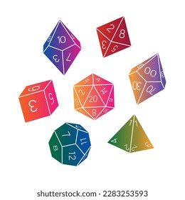 Colored collection of dice on a white background, hand drawn. D8 D10 D12 D20 Board game dice, RPG dice set for board games vector svg