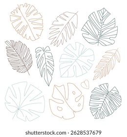 The colored collection of hand-drawn tropical leaves, each with intricate details and unique shapes. Fo patterns, postcards, invintation.