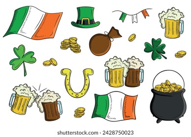 Colección de colores de elementos realistas del día de San Patricio: trébol verde, bandera de Irlanda, cuerda con banderas, bolsa con dinero, monedas de oro. Tazas de cerveza, herradura, caldero ilustración vectorial