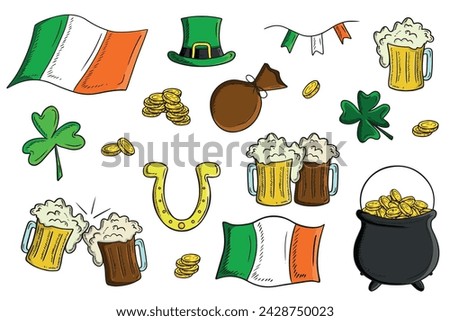 Colored collection of realistic Saint Patrick's day elements: green clover, Ireland flag, string with flags, bag with money, golden coins. Mugs of beer, horseshoe, cauldron vector sketch illustration