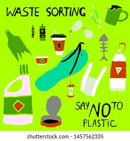 Colored collection set of hand drawn waste. Group of garbage. Plastic, polyethylene, glass, organic, battery, metal. Waste sorting concept. Stock vector illustration drawn by hand. Say no to plastic.