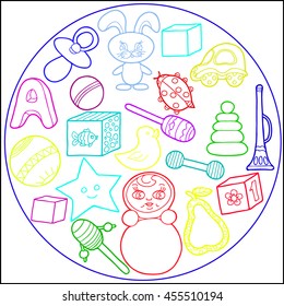 Colored collection of toys for children. Vector illustration.